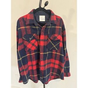Michael Richards Wool Blend Flannel Jacket Shirt XL Red Navy Plaid 90s